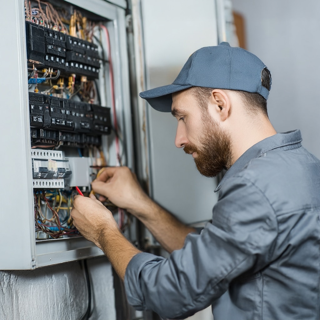 Electrician Working on a Service Panel Electrician Working on a Service Panel