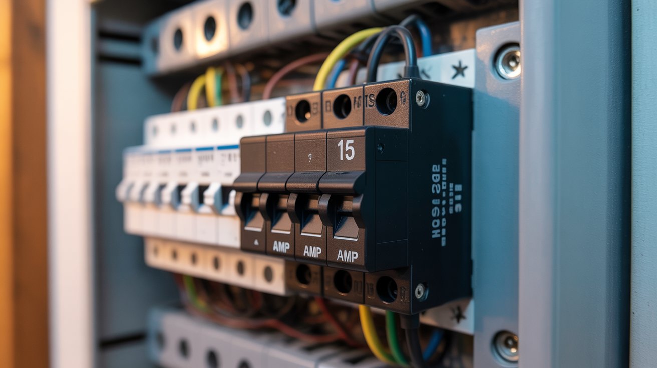 Closeup of a 15 AMP black circuit breaker in a home in the USA Close up of a 15 AMP black circuit breaker in a home in the USA
