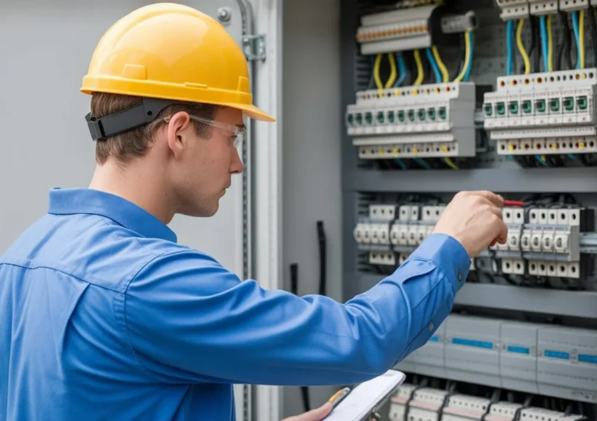 Electrician Inspecting an Electrical Panel Electrician Inspecting an Electrical Panel
